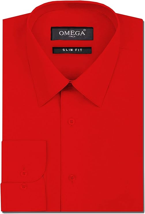 Men's Red Long Sleeve Slim Fit Solid Dress Shirts OmegaTux Men's Red Long Sleeve Slim Fit Solid Dress Shirts OmegaTux