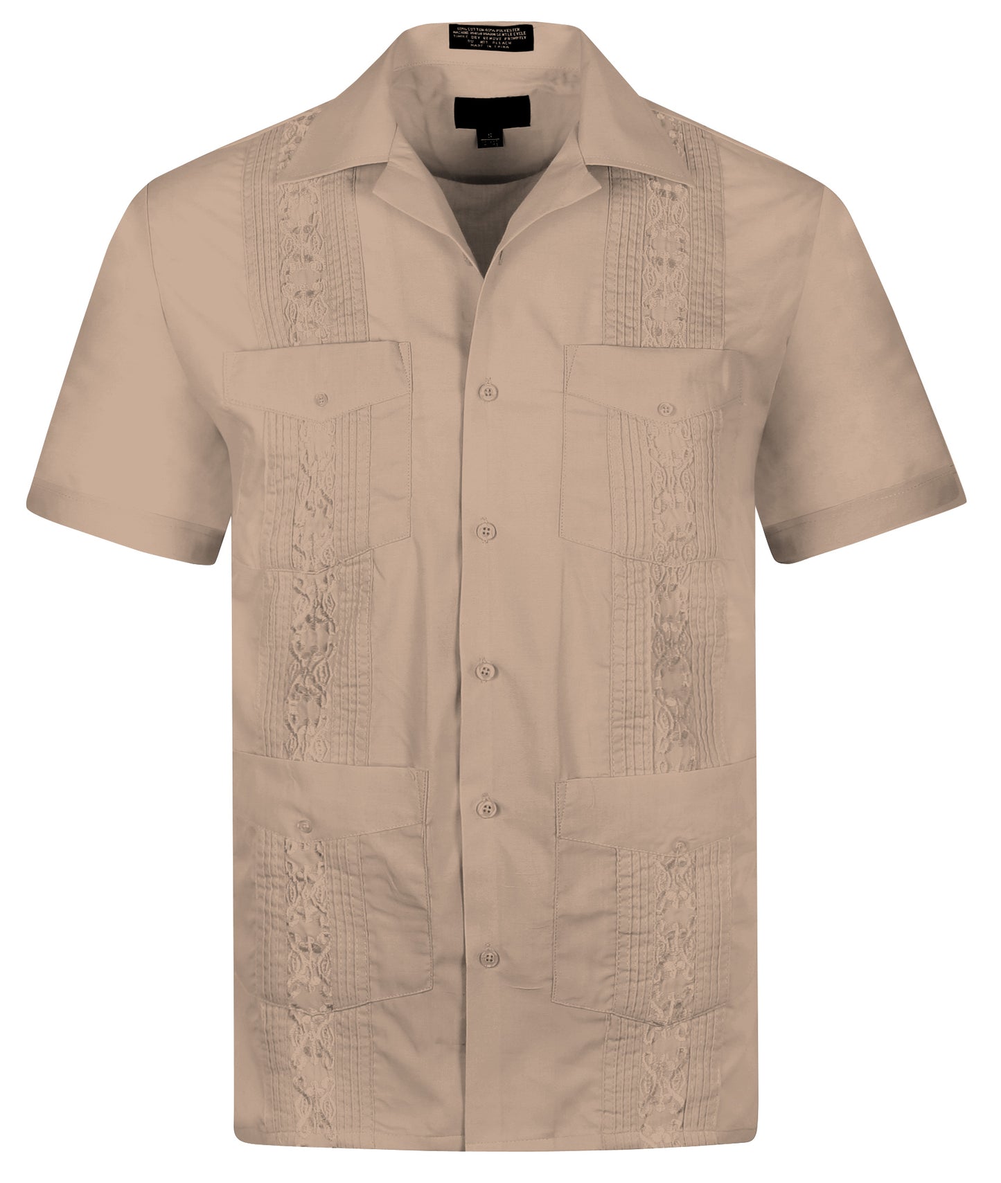 Omega Beige Cuban Guayabera Short Sleeve Shirt, Wedding Cigar Beach Bartender Casual