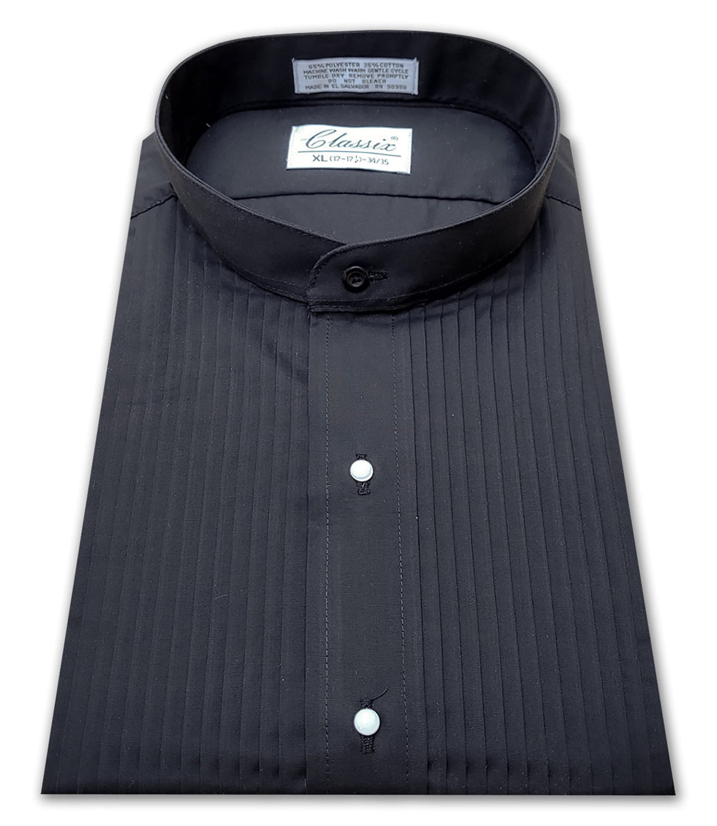 Men's Banded Collar Mandarin Collar Black Dress Shirt, 1/4" Pleat