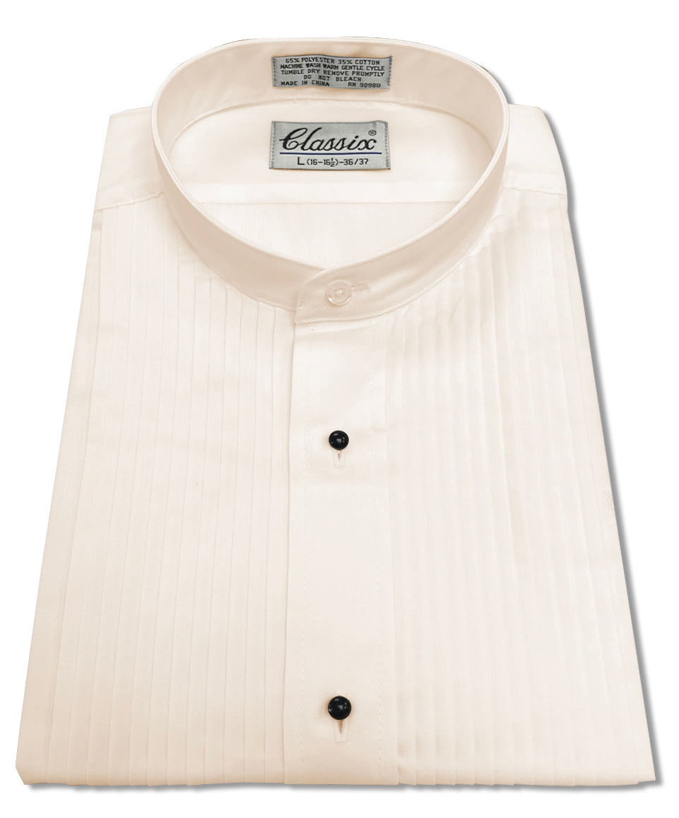 Men's Banded Collar Mandarin Collar Ivory Dress Shirt, 1/4" Pleat