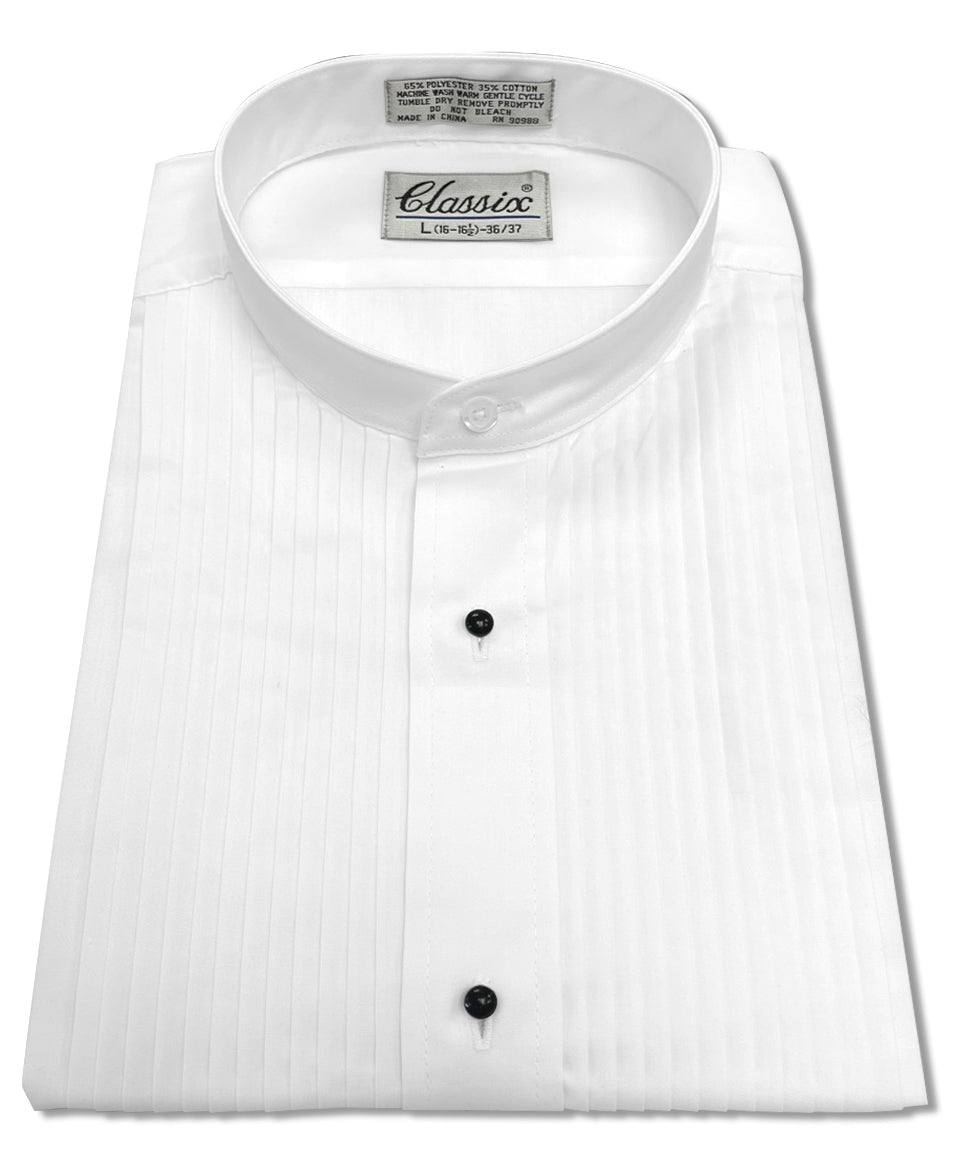 Men's Banded Collar Mandarin Collar White Dress Shirt, 1/4" Pleat