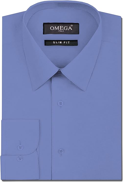 Men's French Blue Long Sleeve Slim Fit Solid Dress Shirts