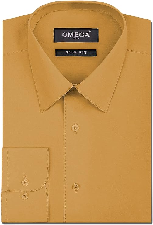 Men's Mustard Long Sleeve Slim Fit Solid Dress Shirts OmegaTux Men's Mustard Long Sleeve Slim Fit Solid Dress Shirts OmegaTux
