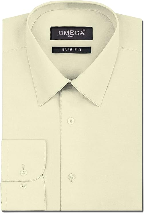 Men's Ivory Long Sleeve Slim Fit Solid Dress Shirts OmegaTux Men's Ivory Long Sleeve Slim Fit Solid Dress Shirts OmegaTux