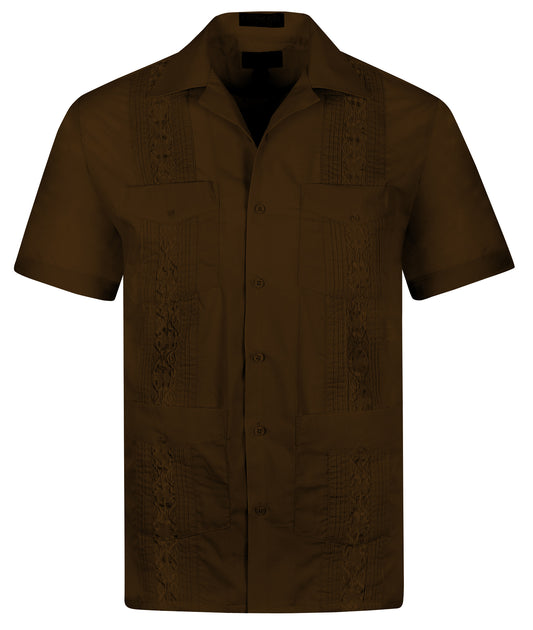 Omega Brown Cuban Guayabera Short Sleeve Shirt, Wedding Cigar Beach Bartender Casual