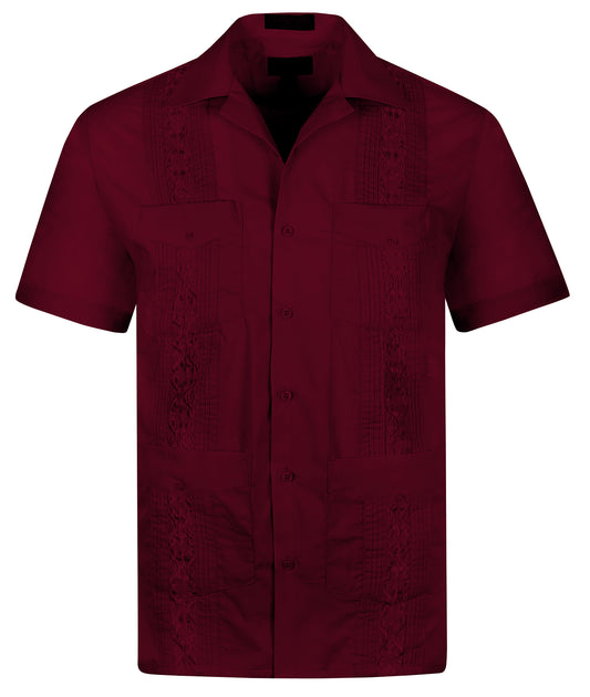 Omega Burgundy Cuban Guayabera Short Sleeve Shirt, Wedding Cigar Beach Bartender Casual