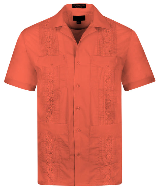 Omega Coral Cuban Guayabera Short Sleeve Shirt, Wedding Cigar Beach Bartender