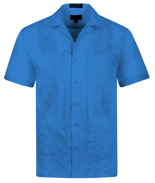 Omega French Blue Cuban Guayabera Short Sleeve Shirt, Wedding Cigar Beach Bartender