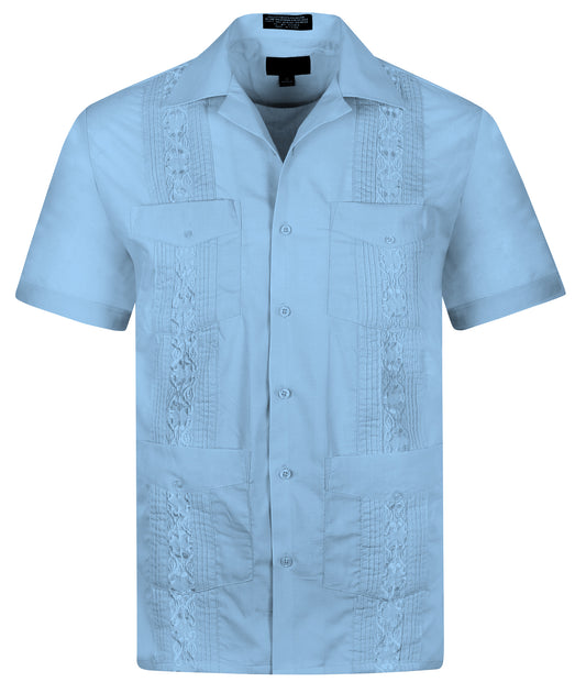 Omega Lt Blue Cuban Guayabera Short Sleeve Shirt, Wedding Cigar Beach Bartender