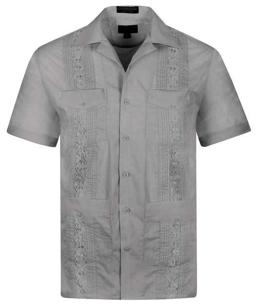 Omega Lt Grey Cuban Guayabera Short Sleeve Shirt, Wedding Cigar Beach Bartender