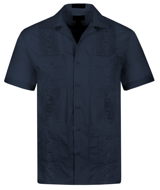 Omega Navy Charcoal Cuban Guayabera Short Sleeve Shirt, Wedding Cigar Beach Bartender