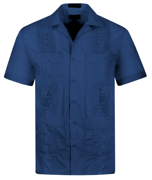 Omega Navy Cuban Guayabera Short Sleeve Shirt, Wedding Cigar Beach Bartender