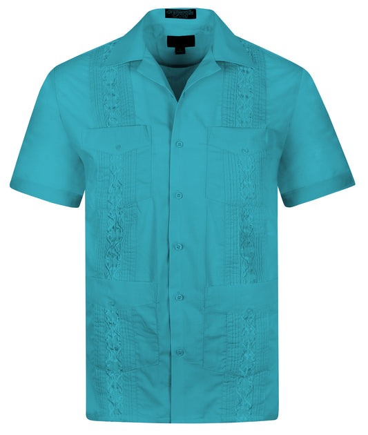 Omega Turquoise Cuban Guayabera Short Sleeve Shirt, Wedding Cigar Beach Bartender