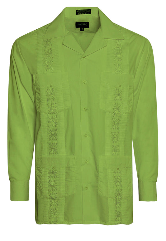 Omega Apple Green Cuban Guayabera Long Sleeve Shirt, Wedding Cigar Beach Bartender