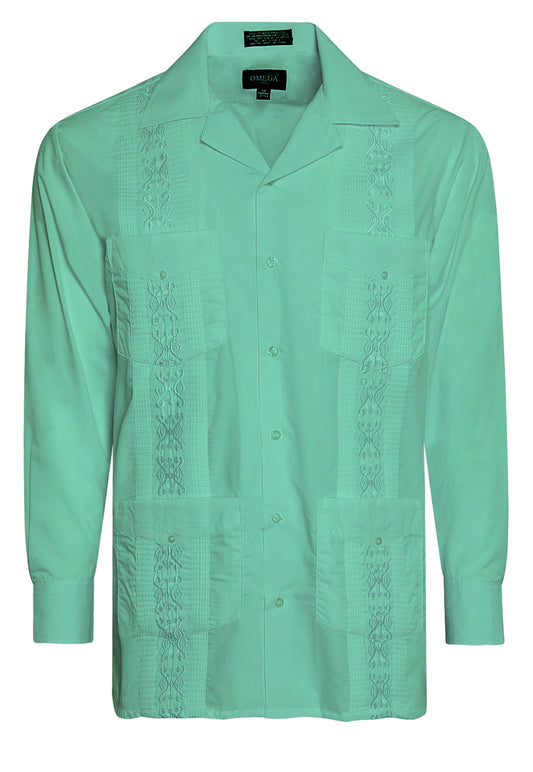 Omega Aqua Cuban Guayabera Long Sleeve Shirt, Wedding Cigar Beach Bartender