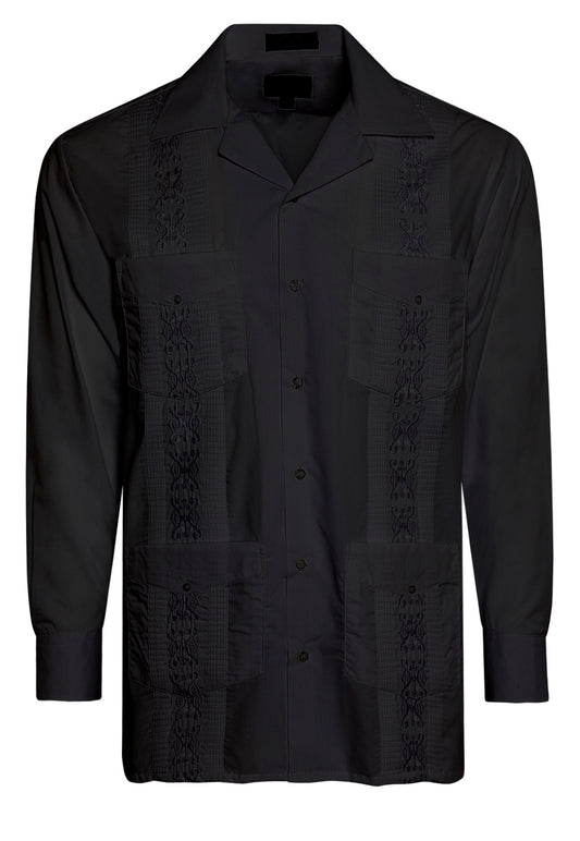 Omega Black Cuban Guayabera Long Sleeve Shirt, Wedding Cigar Beach Bartender