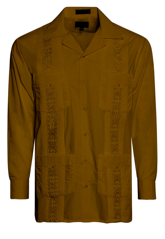 Omega Brown Cuban Guayabera Long Sleeve Shirt, Wedding Cigar Beach Bartender