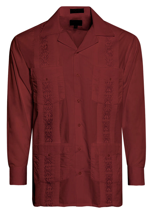 Omega Burgundy Cuban Guayabera Long Sleeve Shirt, Wedding Cigar Beach Bartender