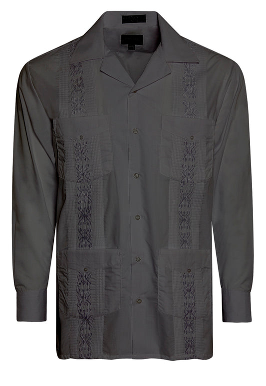 Omega Charcoal Cuban Guayabera Long Sleeve Shirt, Wedding Cigar Beach Bartender