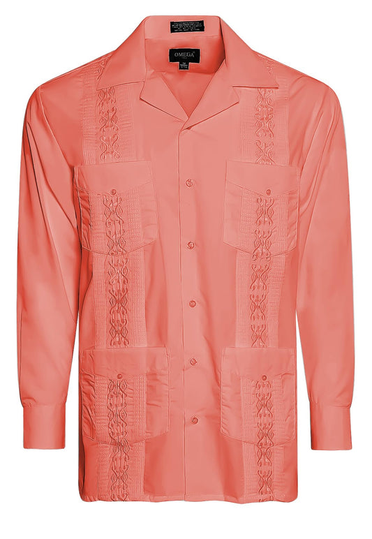 Omega Coral Cuban Guayabera Long Sleeve Shirt, Wedding Cigar Beach Bartender