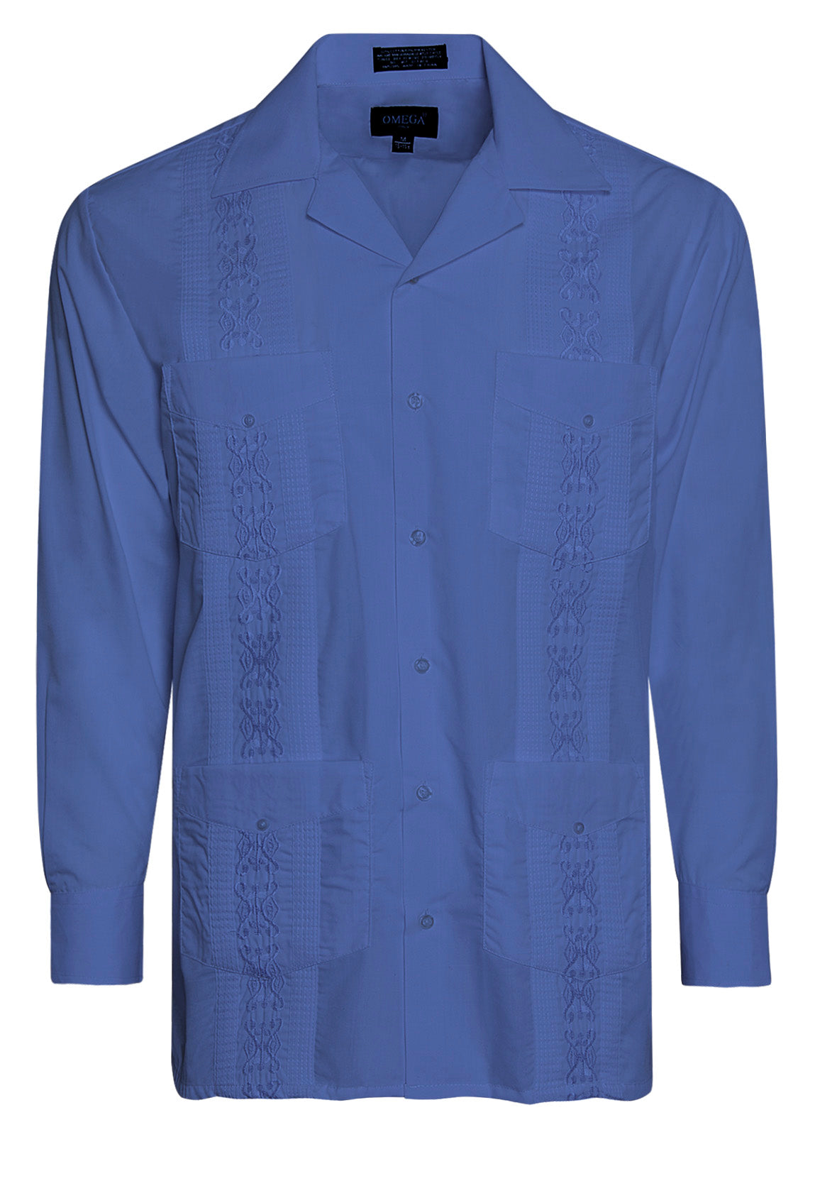 Omega French Blue Cuban Guayabera Long Sleeve Shirt, Wedding Cigar Beach Bartender