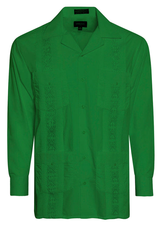 Omega Green Cuban Guayabera Long Sleeve Shirt, Wedding Cigar Beach Bartender