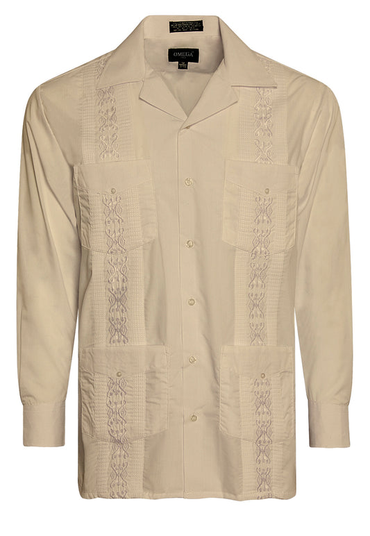 Omega Khaki Cuban Guayabera Long Sleeve Shirt, Wedding Cigar Beach Bartender