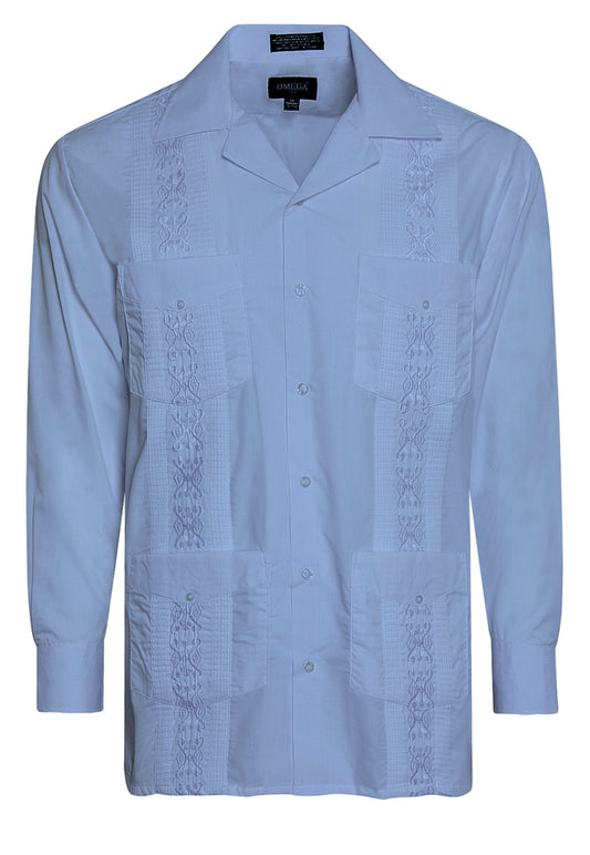 Omega Light Blue Cuban Guayabera Long Sleeve Shirt, Wedding Cigar Beach Bartender