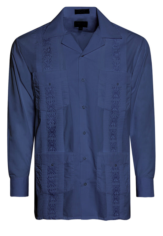 Omega Navy Cuban Guayabera Long Sleeve Shirt, Wedding Cigar Beach Bartender