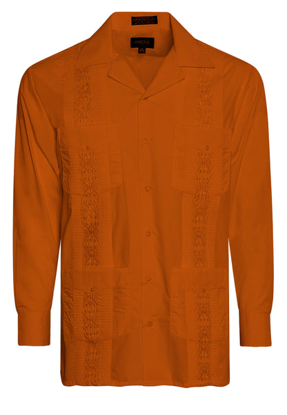 Omega Orange Cuban Guayabera Long Sleeve Shirt, Wedding Cigar Beach Bartender