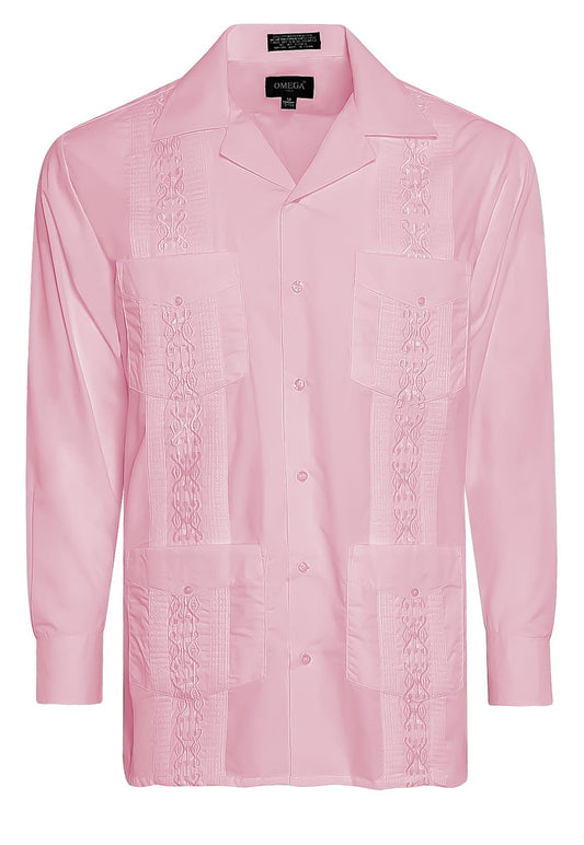 Omega Pink Cuban Guayabera Long Sleeve Shirt, Wedding Cigar Beach Bartender