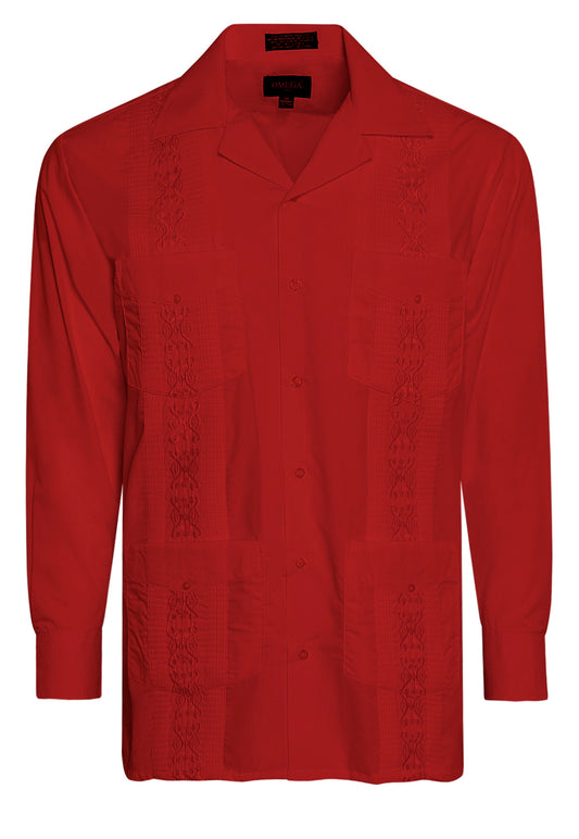 Omega Red Cuban Guayabera Long Sleeve Shirt, Wedding Cigar Beach Bartender