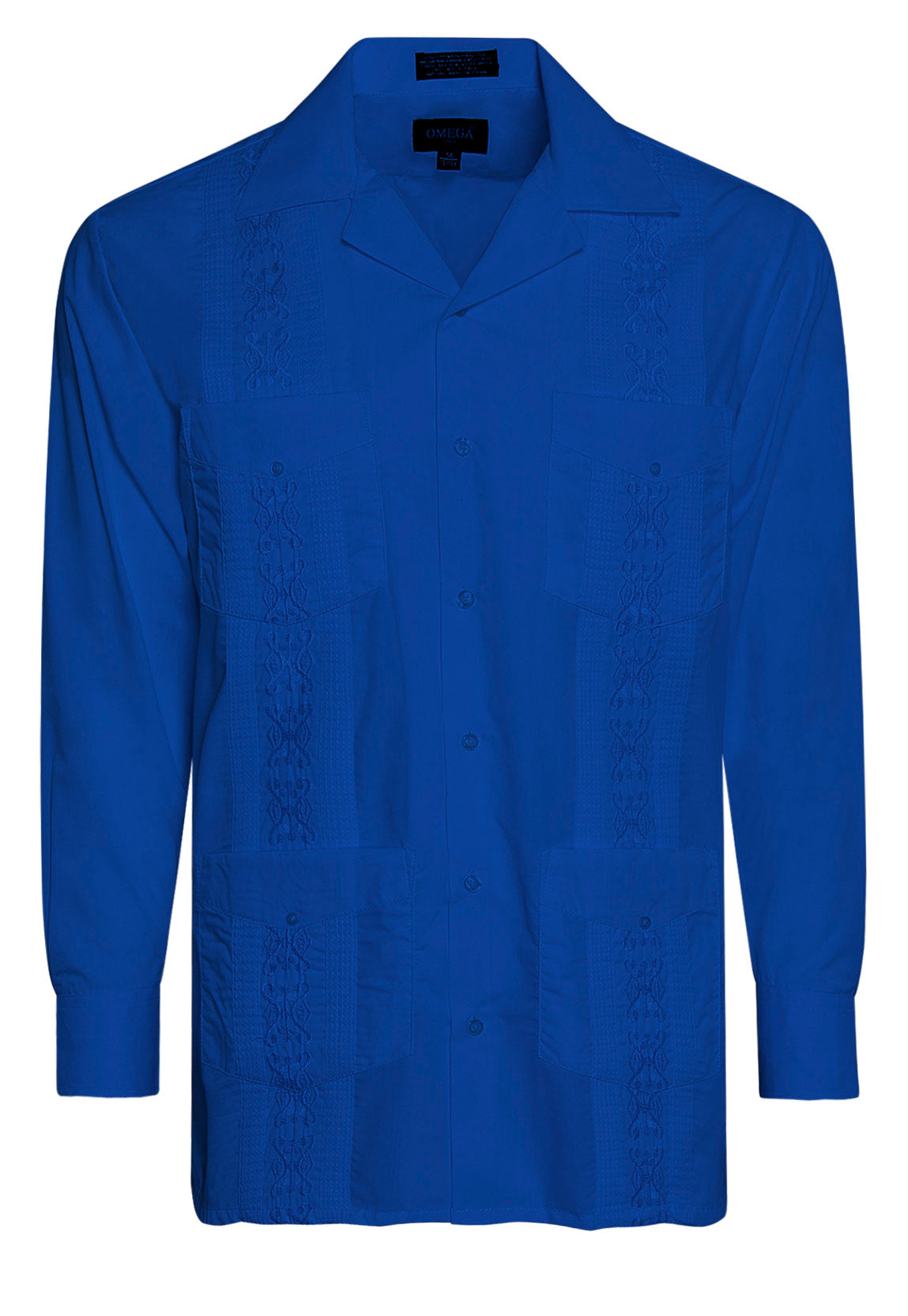 Omega Royal Blue Cuban Guayabera Long Sleeve Shirt, Wedding Cigar Beach Bartender