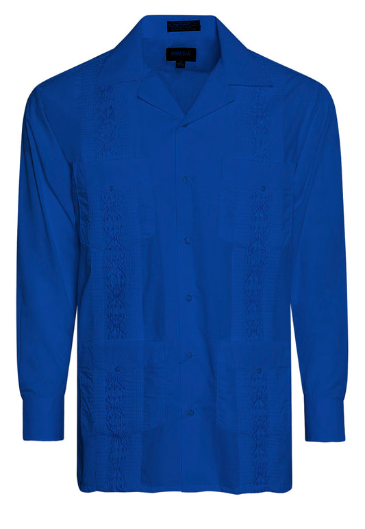 Omega Royal Blue Cuban Guayabera Long Sleeve Shirt, Wedding Cigar Beach Bartender