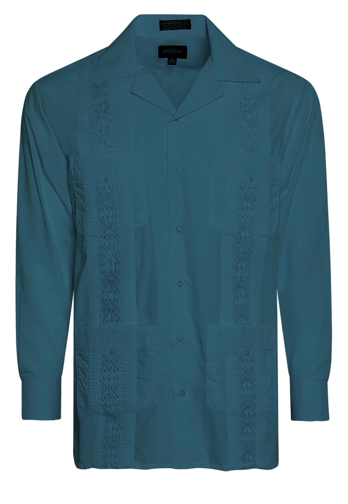 Omega Teal Cuban Guayabera Long Sleeve Shirt, Wedding Cigar Beach Bartender