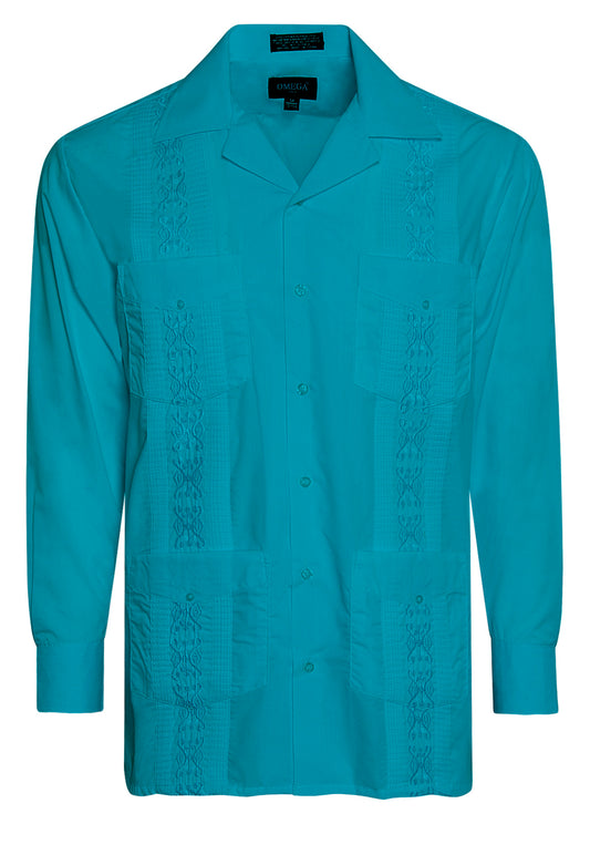 Omega Turquoise Cuban Guayabera Long Sleeve Shirt, Wedding Cigar Beach Bartender