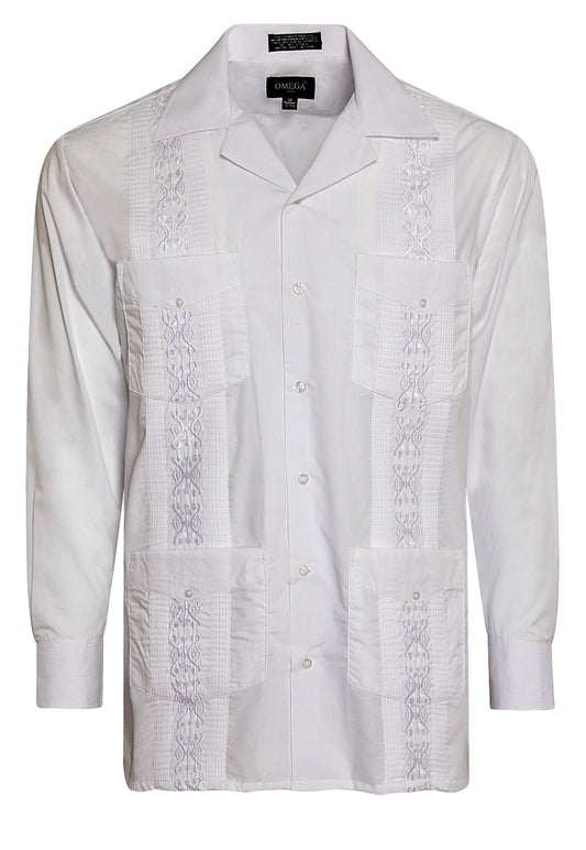 Omega White Cuban Guayabera Long Sleeve Shirt, Wedding Cigar Beach Bartender