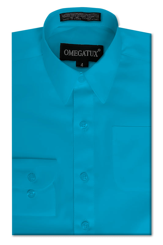 Boy's Turquoise Long Sleeve Cotton Blend Dress Shirts