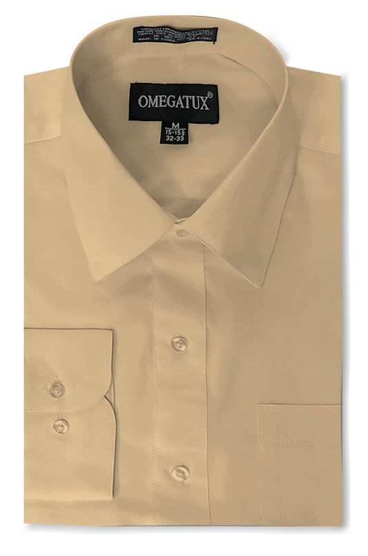 Beige Long Sleeve Cotton Blend Dress Shirts with Convertible Cuffs