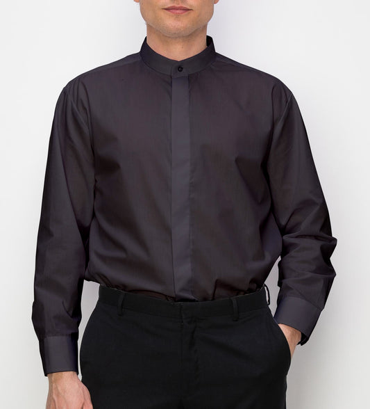 Men?€?s Banded Collar(Mandarin Collar) Black Dress Shirt, Non Pleat