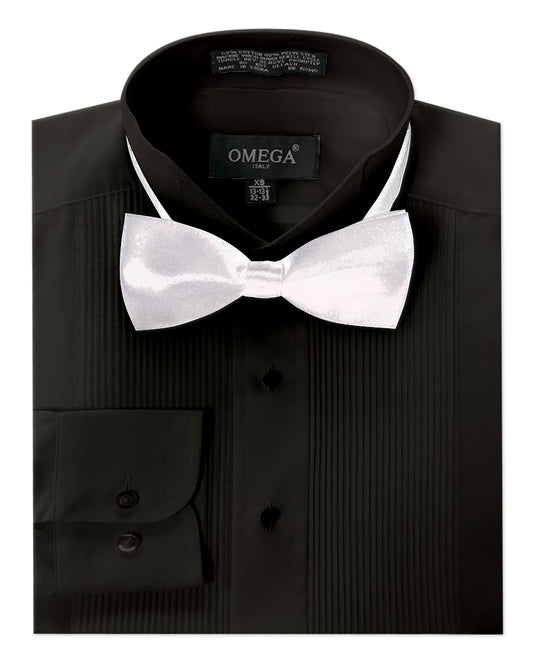 Men's Formal Wing Collar Black Tuxedo Shirt, 1/8" Pleat