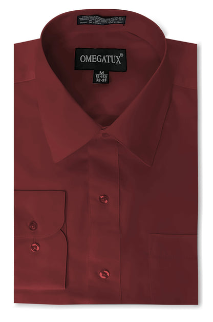 Burgundy Long Sleeve Cotton Blend Dress Shirts with Convertible Cuffs