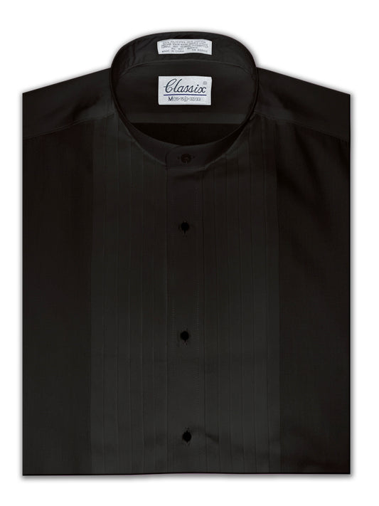 Men's Banded Collar(Mandarin Collar) Black Dress Shirt, 1/2" Pleat