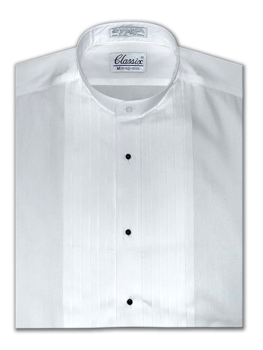 Men's Banded Collar(Mandarin Collar) White Dress Shirt, 1/2" Pleat